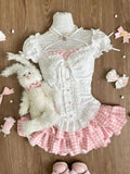 Shopmocho Japanese Kawaii Lolita Elegant 2 Piece Sets Women Pink Y2k Bow Design Mini Skirt Suit Female Princess Sweet Chic Outfits Summer