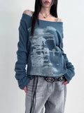 SHOPMOCHO Autumn Harajuku Women Vintage Print Tees Streetwear Grunge Skew Collar Graphic Tshirt Y2k Aesthetic Casual Hiphop Grunge Top