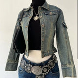 SHOPMOCHO Y2K Light Blue Harajuku Sexy Slim Fit Denim Jacket Women Clothing  Goth Punk Collar Short Zip Up Jacket Multi Pockets Denim Coat