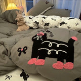 SHOPMOCHO Korean Style Bedding Set Green Strip Black Cat Embroidery Washed Cotton  Duvet Cover Cute Cardboard  Bed linen Comforter Sets