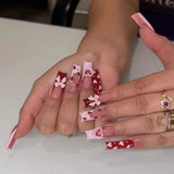 Shopmocho 24pcs Rhinestones Full Cover Nail Art Datachable Glitter French Press on Nails Tip Flower Long Square Fake Nail Pink False Nails