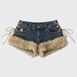SHOPMOCHOWinter New Women's Retro Design Fluffy Splicing Jeans Shorts Y2k Low-rise Strap Slim Hot Pants