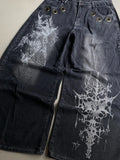 SHOPMOCHO American New Fashion Oversized Pattern Printed Washed Jeans Men Y2K Gothic Rock Popular Casual Joker High Waist Wide Leg Pants