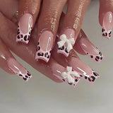 Shopmocho 24Pcs Long Coffin Leopard Print False Nails with Glue Sweet Cool Diamond Fake Nail Set Floral French Press on Wearable Nail Tips