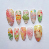 Shopmocho 24pcs Wearable False Nail Strawberry Bow Design Nails Tips Red Short Almond Pearl Starlight Fake Nail Art Flower Press on Nails