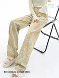 SHOPMOCHO Retro fashion yellow tie-dye printed dopamine jeans female summer new temperament high waist design loose Joker wide-leg pants.