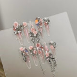 SHOPMOCHO Sweet Lovely Cartoon Bear Long Coffin Stiletto Fake Nails Bowknot Pearl Diamond Flowers Cat Eyes Wearable Fake Nails