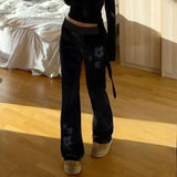 SHOPMOCHORhinestones Star Velvet Flared Pants Y2K Aesthetic High Waist Baggy Sweatpants Jogging Casual Basic Boot Cut Trousers