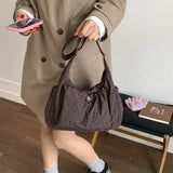 Shopmocho Korean Nylon Shoulder Bag Fashion Simple Plaid Zipper Tote Bag Drawstring Pleated Cloud Bag New Commuter Crossbody Shoulder Bag