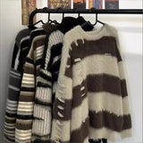 Shopmocho Soft Faux Mink Stripe Color Block Sweater Women's Autumn Winter Loose Design Lazy Style Knitted Top Thick Winter Suitable