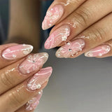Shopmocho Pink Yellow Halo Dyeing Flower Water Ripple Summer False Nails Leopard Long Pointed Fake Nails Art Press on Nails Charm Manicure