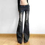 SHOPMOCHO Women's Jeans  New American Retro Street Style Plant Print Washed Vintage Low-Rise Flare Pants Trendy Versatile