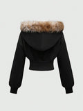 SHOPMOCHOWinter Warm Gothic Print Hoodie Women's Faux Fur Crop Top Zip-Up Sweatshirt Fashion Y2K Streetwear Hooded Jacket 2026 New