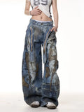 SHOPMOCHO American Heavy Industry Denim Pants Y2K Retro Messy Needle Ribbon Embroidery Wash Loose Casual High Waist Wide Leg Jeans
