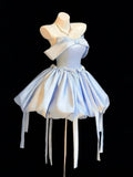 SHOPMOCHO 2026 Japanese Summer Blue Pure Desire One Shoulder Birthday Dress Thousand Gold Style Bow Knot Slim Short Sleeve Women's Dress