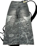 SHOPMOCHO American Fashion Printing Jeans Hip Hop Baggy Cross-legged Jeans Grey Wash Straight Mop Pants Men and Women