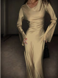 Shopmocho Women's Bespoke Satin Maxi Dress with Corset Waist Tie Classic Round Neck & Dramatic Flared Sleeves Luxury Evening Dress