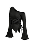 SHOPMOCHO women's New off shoulder cross long sleeved slim fit casual street style asymmetrical elegant T-shirt trumpet sleeve top