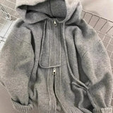Shopmocho Gray Hooded Sweater Coat Autumn Winter Double Zipper Long Sleeve Loose Fashion Korean Soft Thickened Knitted Tops Coats