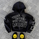 SHOPMOCHO Y2K Trendy American Letter Pattern Loose Casual Hooded Zipper Retro Hoodie Fashionable Jacket