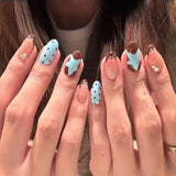 Shopmocho 10pcs Handmade French Short Press On Nails Blue Brown Polka Dot Bow Star Design Fake Nail Wearable Nail Art Tips for Girls