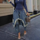 Shopmocho Women Jeans Harem Pants Hip Hop Punk Denim Pant Hole Elastic Waist Washed Distressed Pockets Streetwear 2025 Ripped Trousers