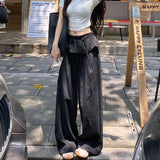 SHOPMOCHO -Streetwear Black Wide Leg Pants Women Y2K Fashion Ruffles Patchwork Baggy Pants Summer Harajuku Korean Casual Straight Trousers