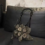 Shopmocho Chinese Style Rose Decor Shoulder Bags Fashion Commuter Tote Bags Classic Pleated Handbags High Quality Women Underarm Bags