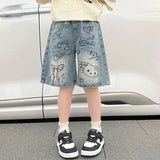 SHOPMOCHO New Summer Girls Denim Shorts Cartoon Hello Kitty Fashion Loose Knee Length Jeans Pants For 4-14 Years Teen Kids Casual Trousers