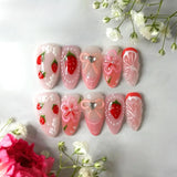 Shopmocho 24pcs Wearable False Nail Strawberry Bow Design Nails Tips Red Short Almond Pearl Starlight Fake Nail Art Flower Press on Nails