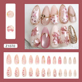 SHOPMOCHO 24pcs False Nails Glossy Green Summer Almond Fake Nail Tips Wearable Detachable Fashion Flower Print Press on Nails for Girl