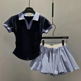 Shopmocho New Summer Constrast Color Plaid Turn Down Collar Slim Waist T Shirts All Match Korean High Street Loose Shorts Y2k 2 Piece Sets