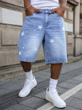 SHOPMOCHO Men's Blue Denim Shorts for Spring and Summer, with Stars Printed on the Legs, Are Stylish and Simple to Match