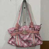 SHOPMOCHO Y2k Retro Pleated Printed Metal Badge Shoulder Bag Pink Large Capacity Open Tote Bag Fashionable Simple Commuting Crossbody Bag