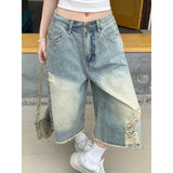 Shopmocho Summer New Oversized Wide Leg Design High Street Y2k Ripped Edge Jeans for Women Hip Hop Loose Fitting Spicy Girl Cropped Pants