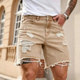 SHOPMOCHO Loose Hip-hop Denim Shorts Men's Streetwear Summer Ripped Hole Rock Biker Short Pants Fashion Khaki Knee-length American Jeans