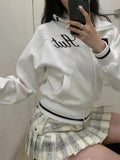 SHOPMOCHO Japanese Subculture Anime Geometric Embroidery Short Jacket Aesthetic Women's Stand Collar Zipper Contrasting Slim Casual Jacket