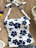Shopmocho Ladies Summer Beach Style Knitted Floral Print Halter Top Slim Fit Sexy Pleated Waist Youthful  Vacation Top