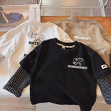 SHOPMOCHO 2025 Spring and Autumn Children's Long Sleeve Tees Fake Two Piece Girl's Sweatershirt 1-7Y Boys Casual Loose Pullover Dino Tops