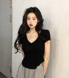 SHOPMOCHO Sexy V-neck Short Sleeve T-shirts for Women Summer New Tees Top Black White Basic Tshirt Y2K Korean Style Women's Clothes 2026