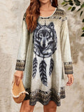 Shopmocho Women’s Long - Sleeve Bohemian Dress, Wolf Print Round neck Dress,Casual Festival & Daily Wear