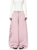 SHOPMOCHOY2K Women's Pink Wide Leg Sweatpants 2025 New Fashion Letter Print Drawstring Waist Casual Streetwear Trousers