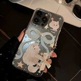 Shopmocho Cartoon Cat Case for iPhone 11 12 13 14 Plus 15 Pro MAXS Pearl Phone Case Shiny Bow Lanyard Shockproof Bumper Cover