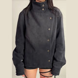 SHOPMOCHO Y2K Harajuku Retro Functional Style Slant Collar Jacket Men Women Gothic Stand Collar Easy Jacket Street Fashion Black Jacket