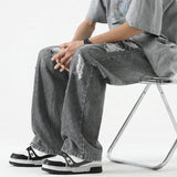 SHOPMOCHO Men's Summer Ripped Jeans Loose Straight Leg Retro Men Draw Rope Port Fashion Brand All-match Casual Pants