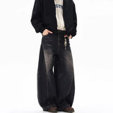 SHOPMOCHO Spring New Men'S Jeans Wide Leg Pants Loose Machete Jeans Vintage Lightning Cracked Denim Trousers