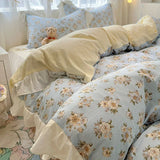 Shopmocho 1.5/1.8 Korean Style 100% Cotton Fitted Sheet Sets with Lace Flower Print Bedding Set for Seasons Home Bedclothes for Adult Kids