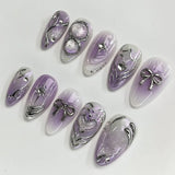 SHOPMOCHO Red Y2K Wearable Nail Art Chic Silver Butterfly Love Metal Bead Almond False Nails Detachable Finished Fake Nails Press on Nails