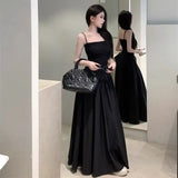 SHOPMOCHO-Temperament Apricot Suspender Dress Gentle Summer Vacation Style Waist Cinched Backless  Big Swing A-line Long Skirt Q147