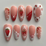 Shopmocho 24pcs Sweet Letter Press On Nails Cute Cherry Bowknots Ladybug Strawberry Decor False Nails Blush Pink Almond Fake Nail For Girl